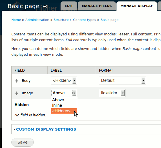 In the row of your image field, column "Label", use the rolling list.
