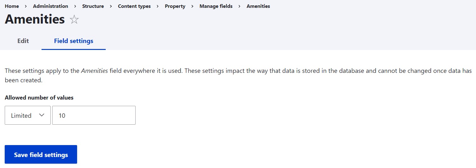 Field settings with allowed number of values