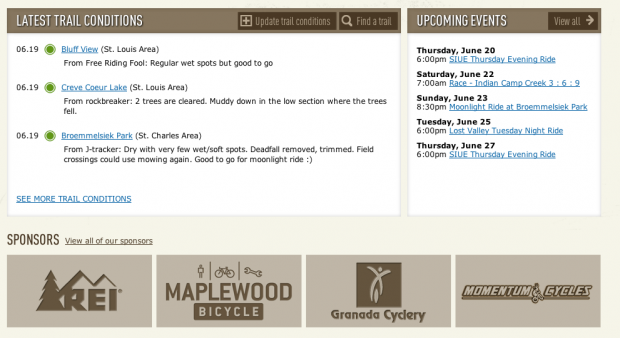 Screenshot of trail update, upcoming events, and featured sponsor areas