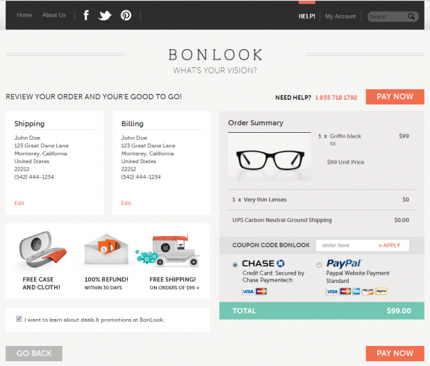 BonLook Order Review Page Screenshot