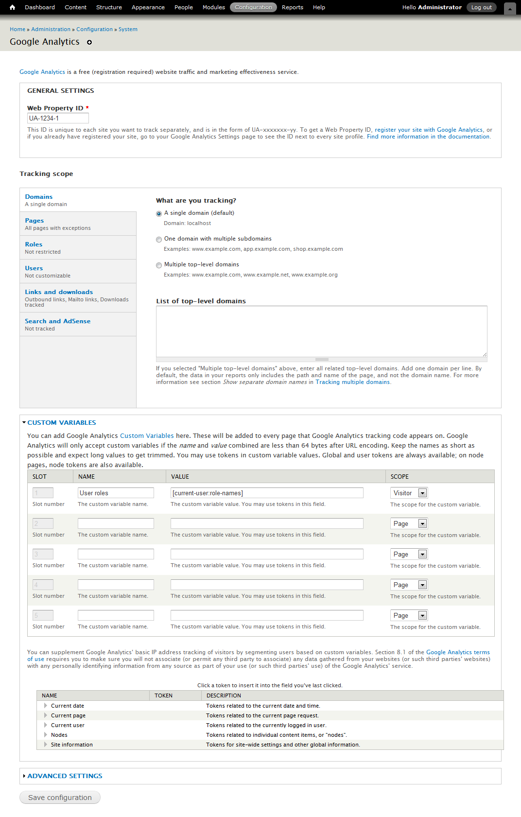 Google Analytics モジュールの管理画面