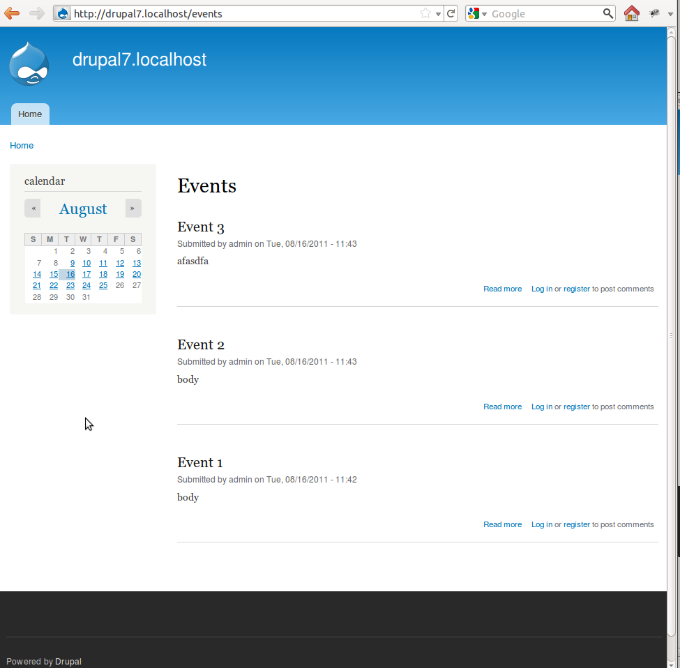 Events calendar feature