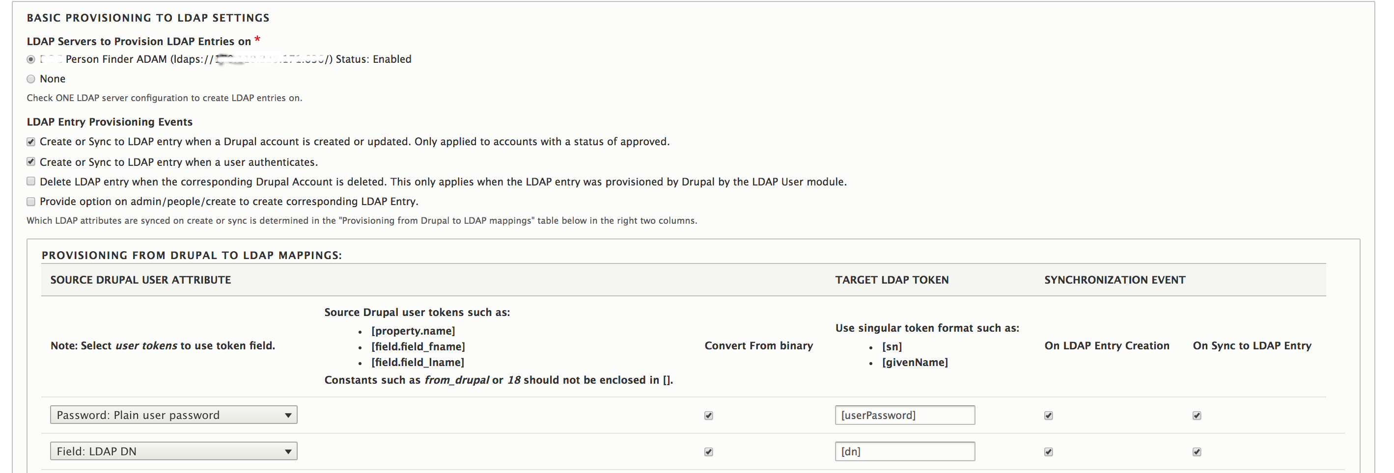 LDAP синхронизация. LDAP форма. Token field. Password changed at LDAP.