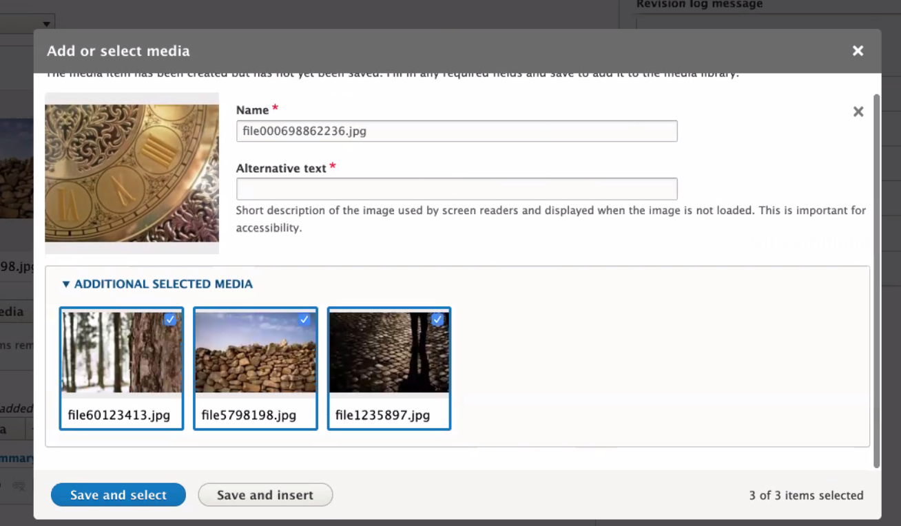 Same, but with details element expanded, which includes two images with checkboxes, same as the main media library.