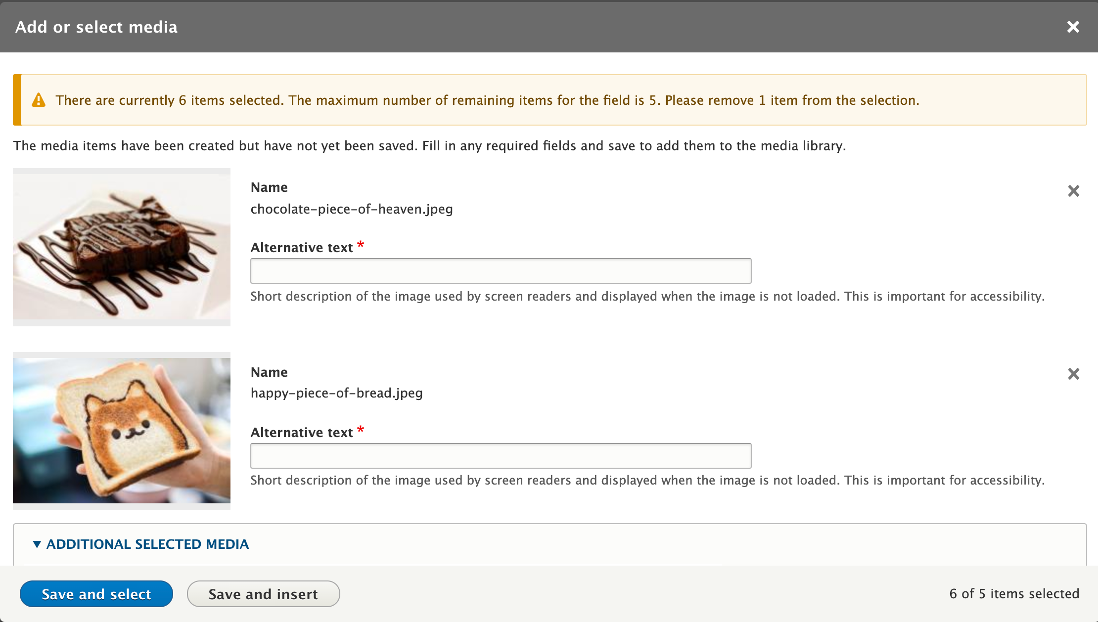 Screenshot showing primary button "Save and select" and secondary button "Save and insert"