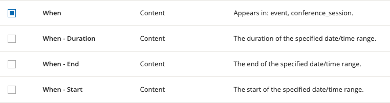 screencapture of what smartdate looks like in views. "When, When - Duration, When - End, and When - Start" content options are displayed. 