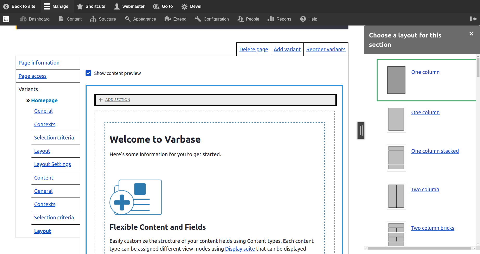 Page manager variant of Varbase homepage with layout Builder