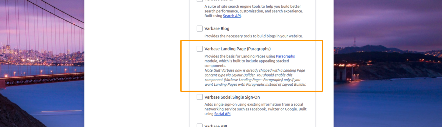 Varbase Landing Page (Paragraphs) listed in the Extra Components installation step