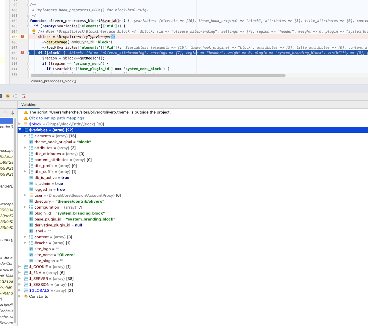 Both olivero_theme_suggestions_block_alter and olivero_preprocess_block