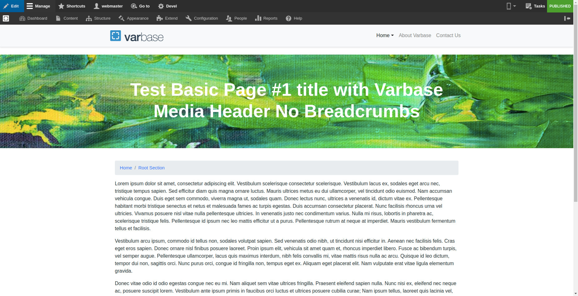 Test Basic Page #1 title with Varbase Media Header and Breadcrumbs - When Default breadcrumbs option is checked