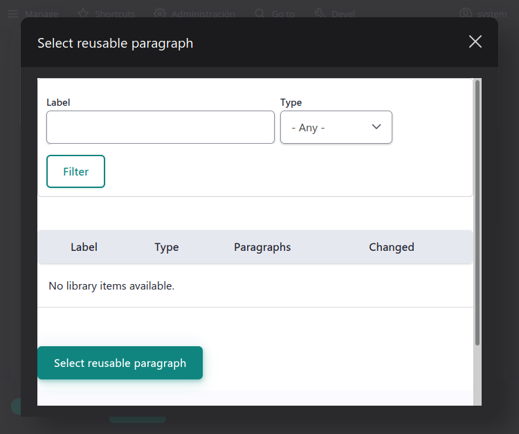 Entity Browser modal screenshot before patch, white background instead of dark