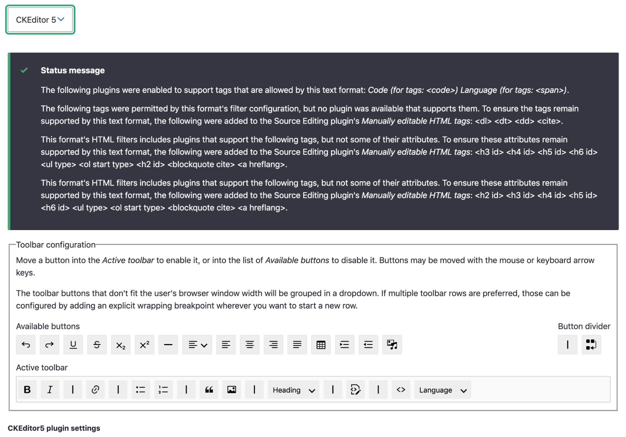 Screenshot of the automatically generated CKEditor 5 toolbar configuration from the previous screenshot. Messages are present explaining what happened.