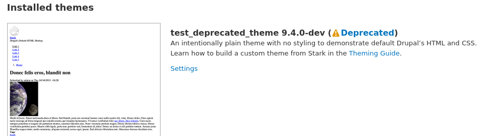 Screenshot of the admin/appearance page showing a deprecated theme