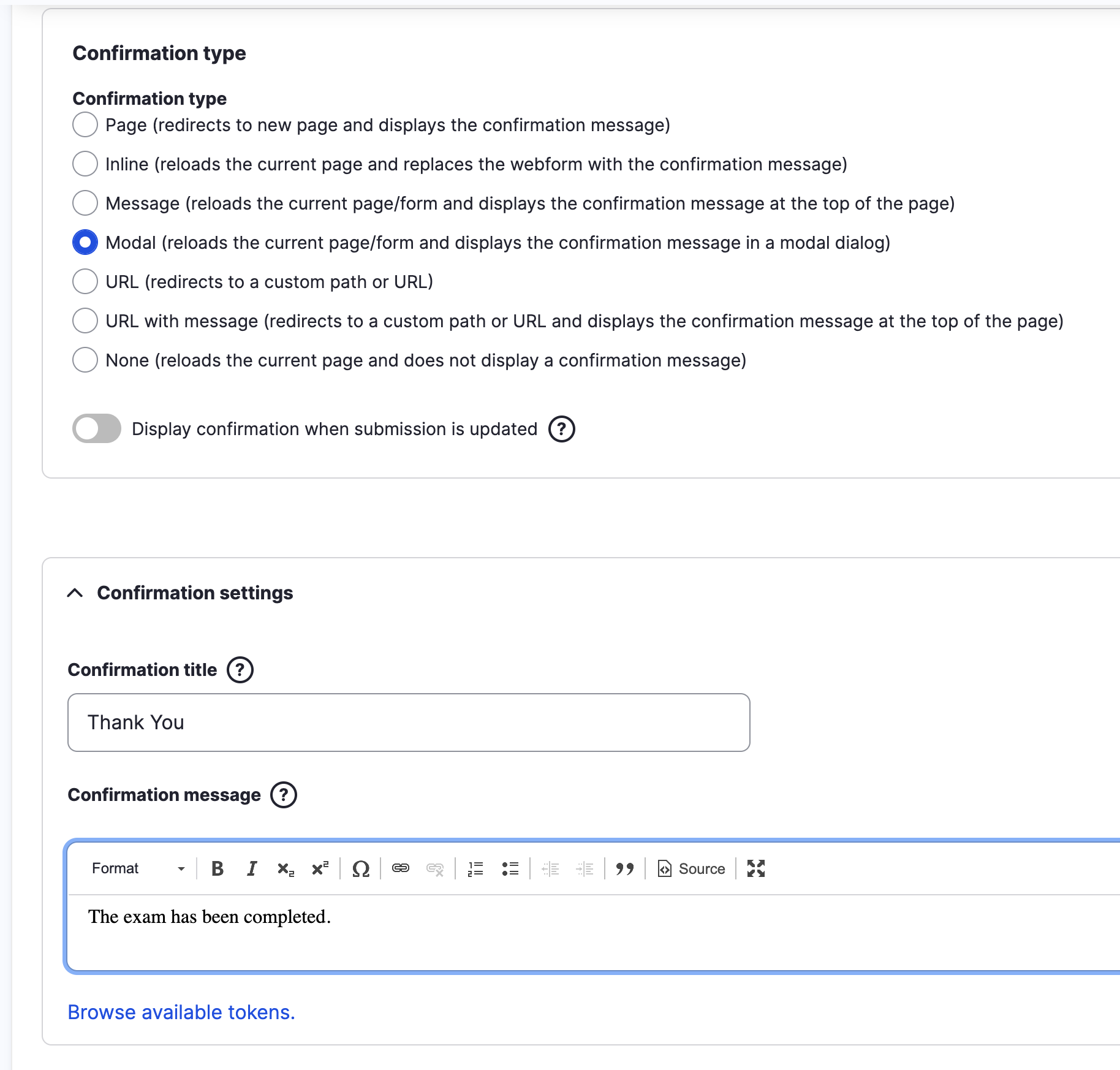 Confirmation message does not appear in modal when per user submission ...