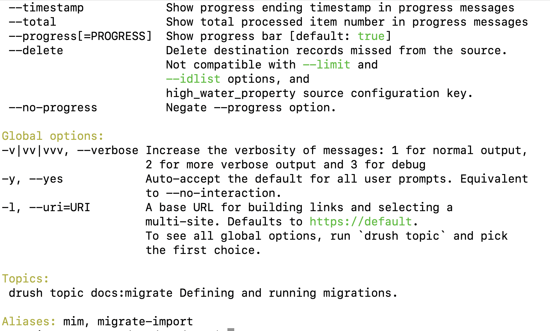 Command migrate is ambiguous in topics section when using help flag
