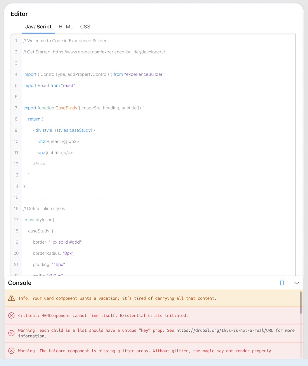 Console for developing code components [#3500068] | Drupal.org
