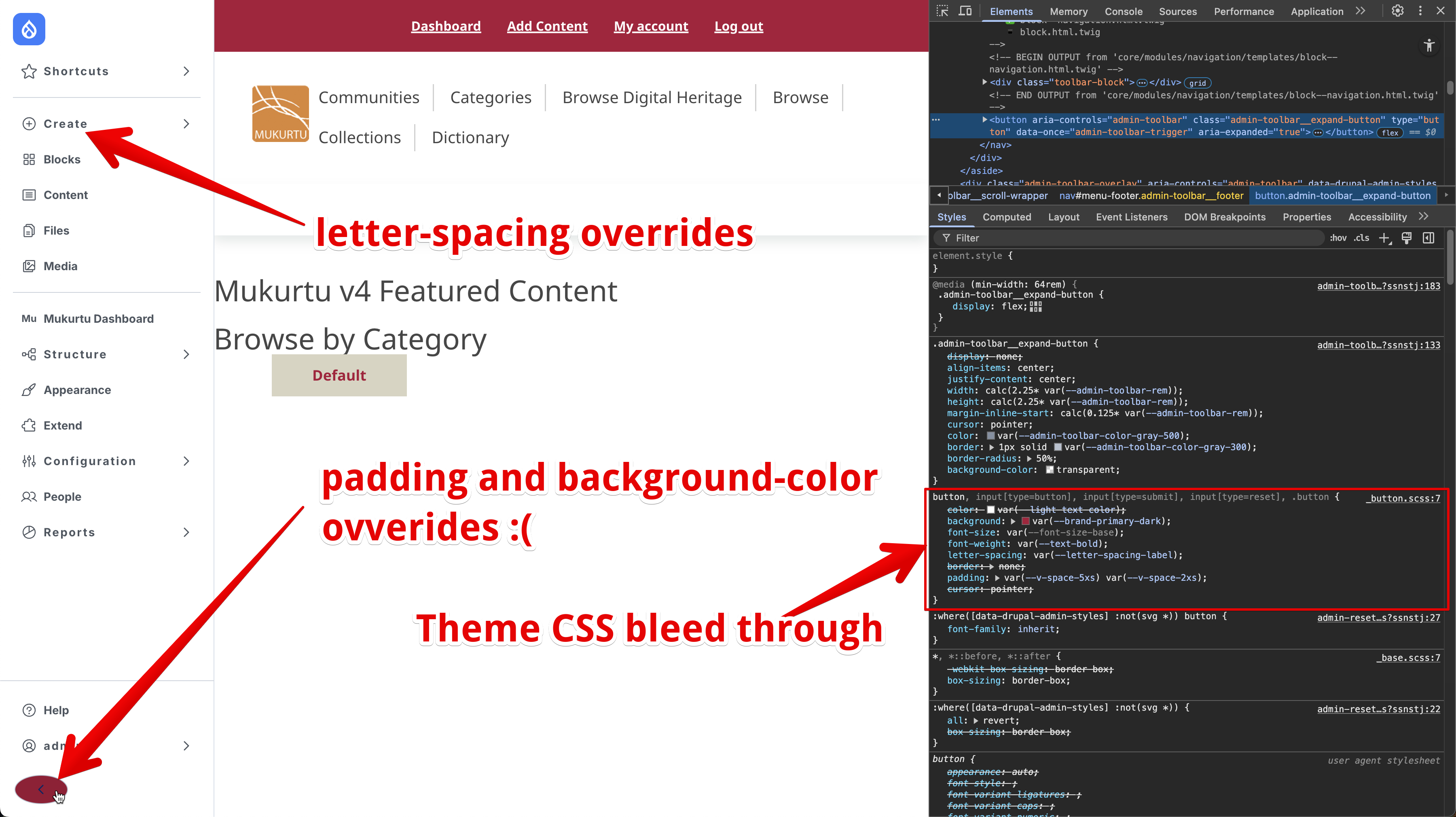 Front-end theme styles can bleed into Navigation [#3511280] | Drupal.org
