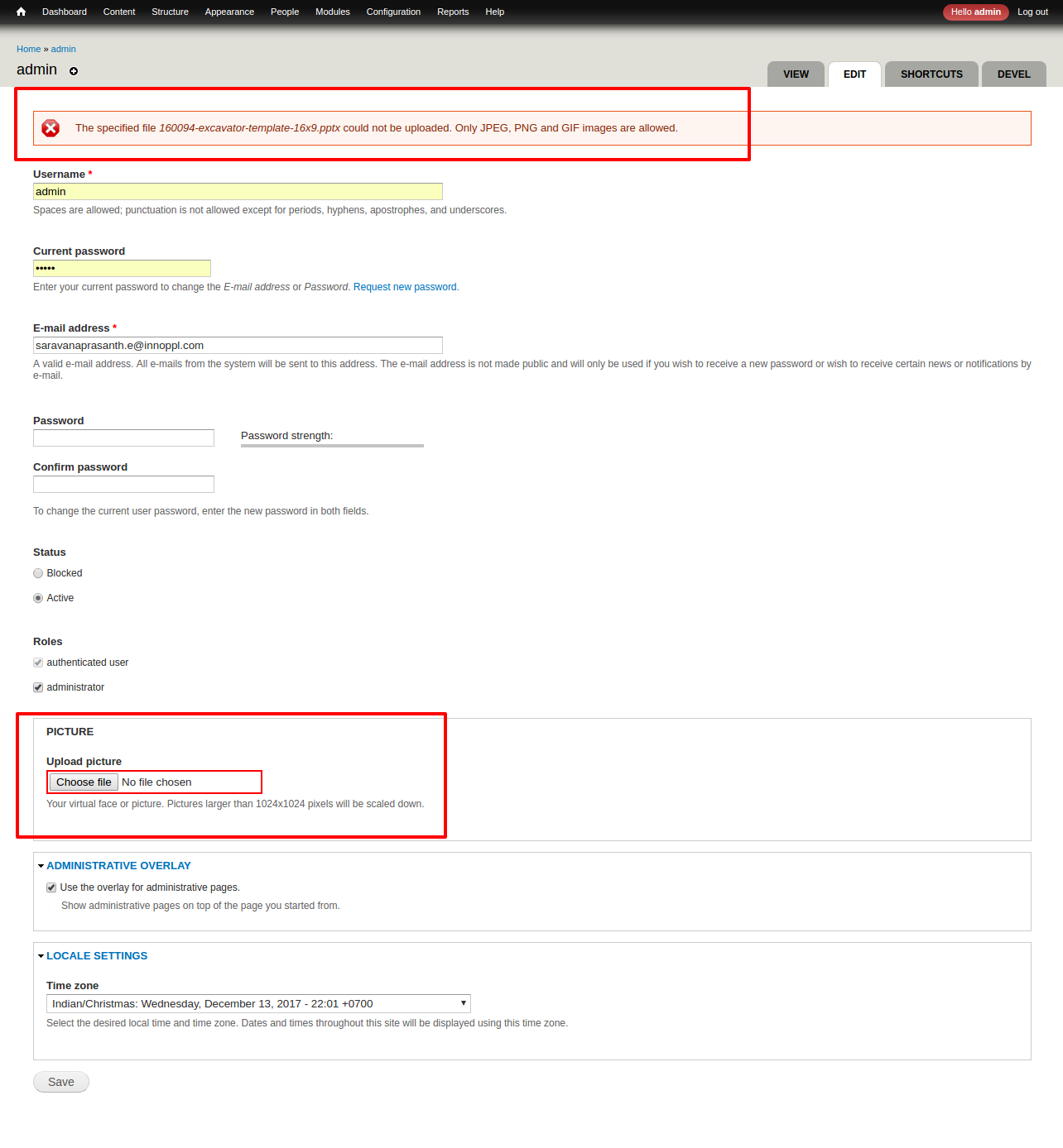 Conflicting" validators for user picture leads to confusing form error  message [#2927466] | Drupal.org
