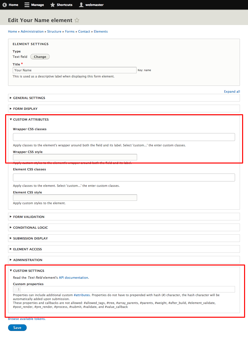 add custom classes styles and properties to form settings and suffix form