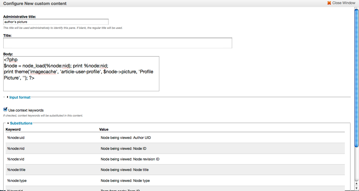 context substitution not working when input format set to php code php code format