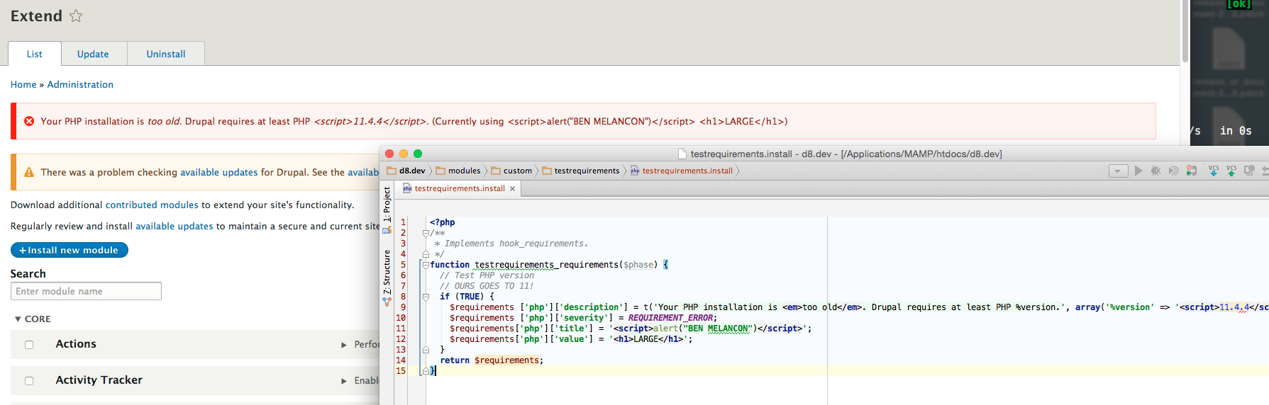 code and drupal message showing escaped tags
