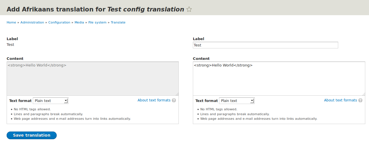 config translation does not support text elements with a format translation format