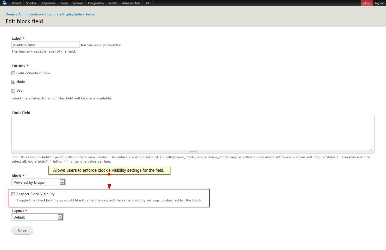 Screenshot of the resulting DS block field edit/add form after applying the patch: added a checkbox to allow users to enforce block's visibility settings for the field.