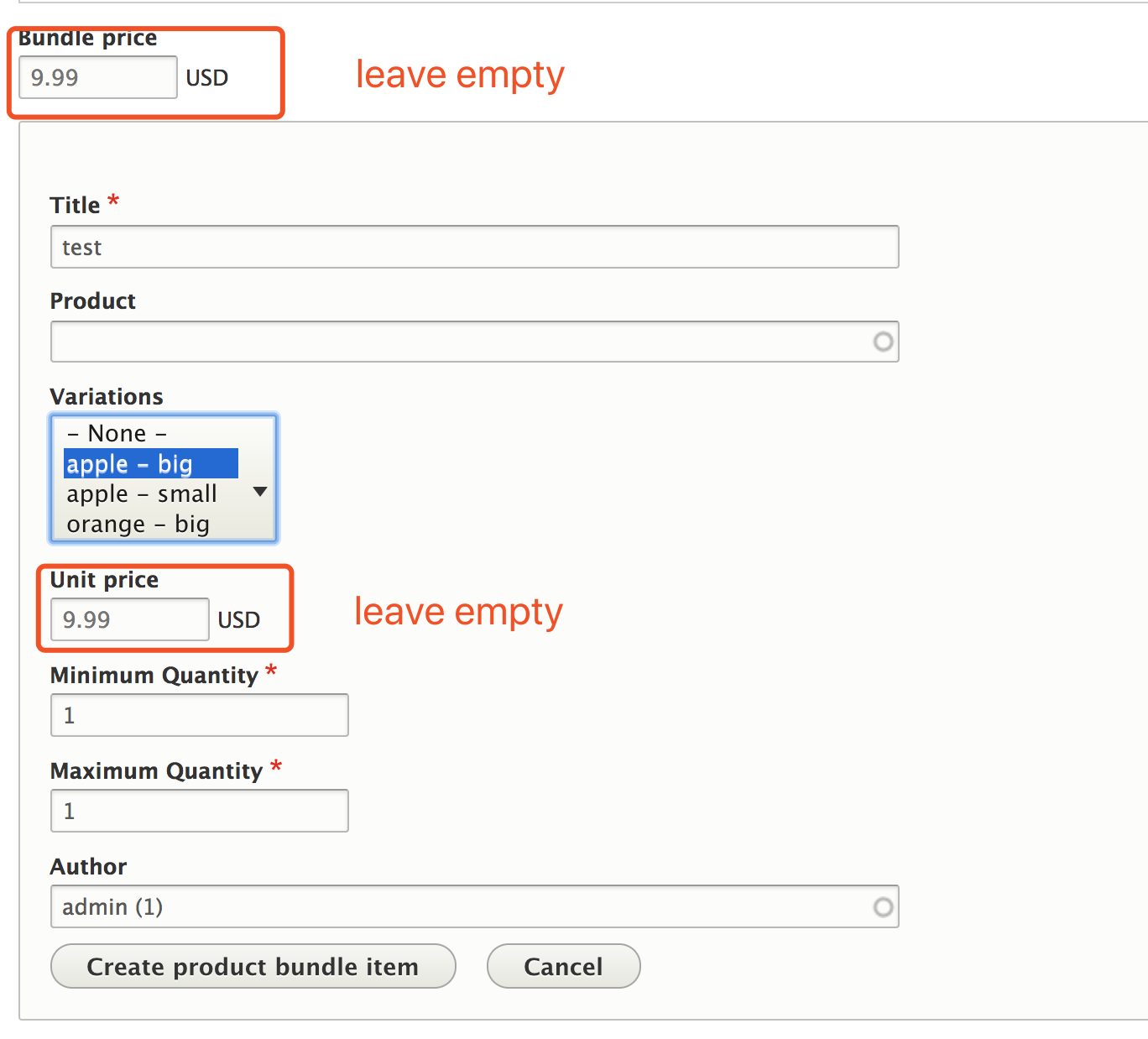 create a bundle with ptice empty
