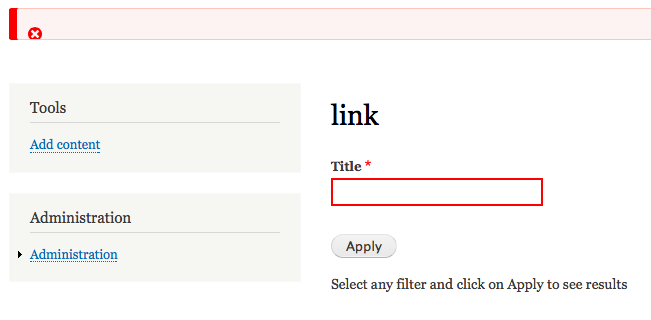 views exposed text filter set to required shows an empty error and image and form