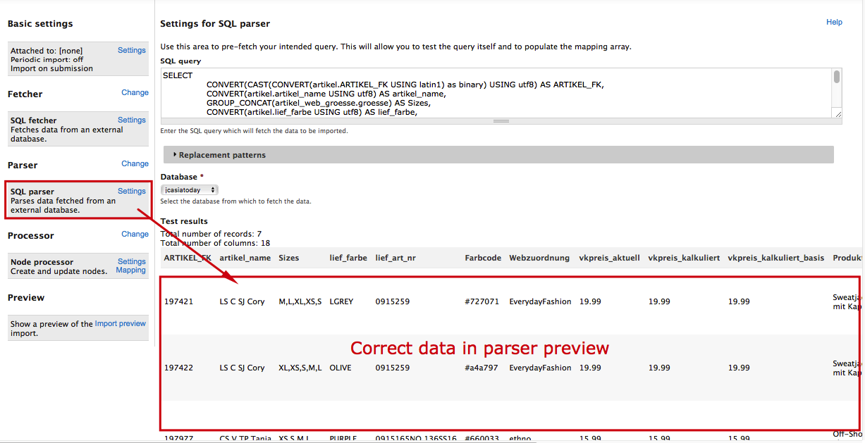 data shown in parser preview