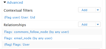 now view relationship and contextual filters included uid, and the flag displays "by any user"