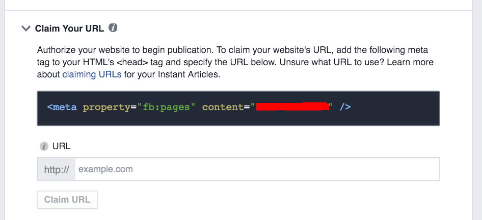 Meta property content. Instant articles Facebook. Begin. URLS content!. URL example.