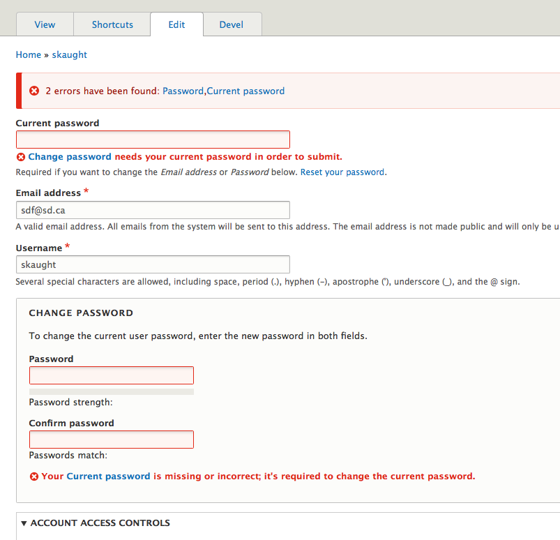 inline form error reporting problems for the current password on the form error
