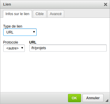 Create a URL manually targeting "/fr/projets"