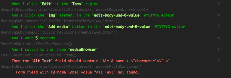 Behat test passing on step that switches to media browser frame