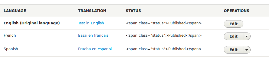 screen shot of translations page of node