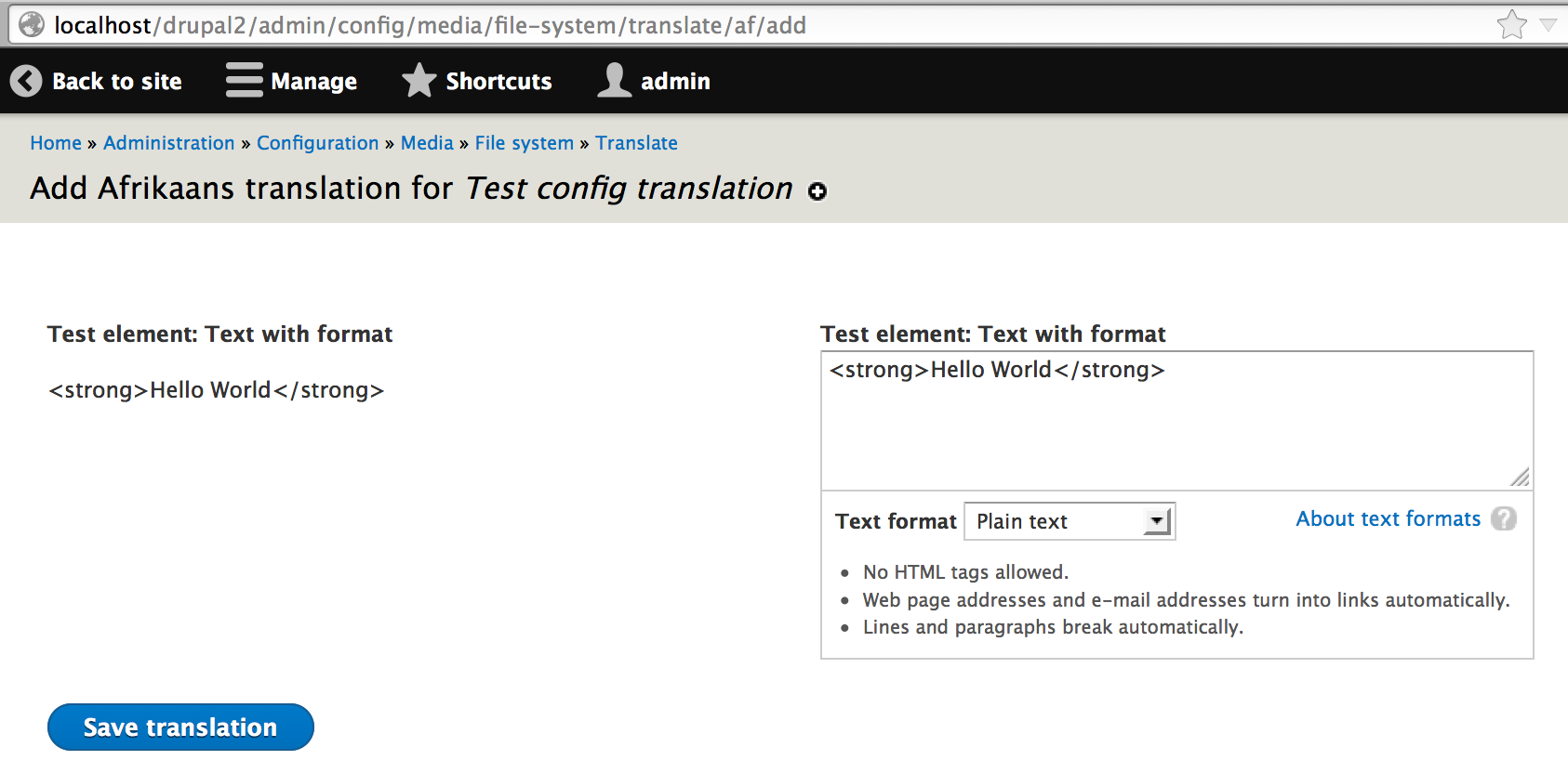 config translation does not support text elements with a format translation format