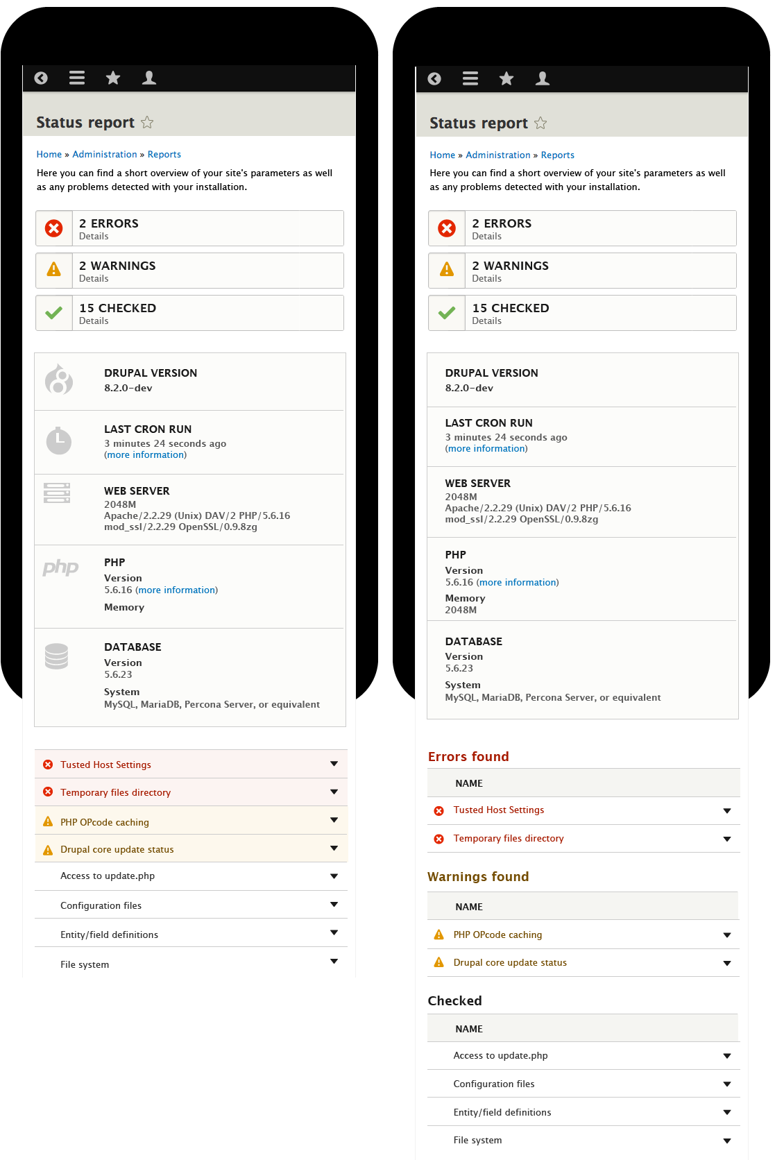 Status page mobile verions