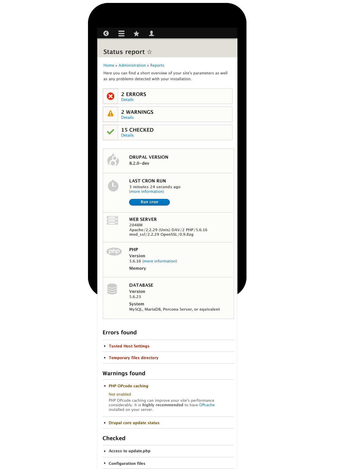 Status page with errors on mobile