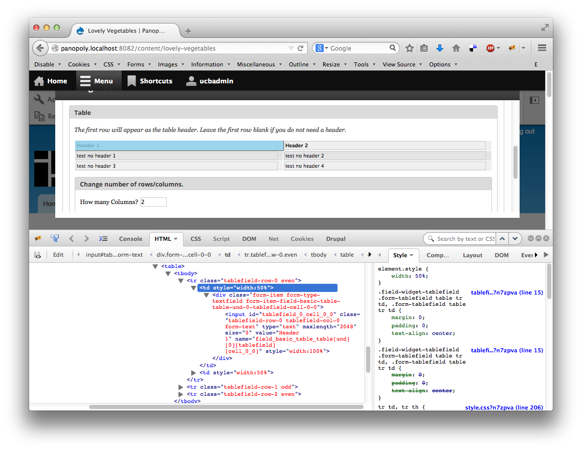 Screenshot of table widget, including source code