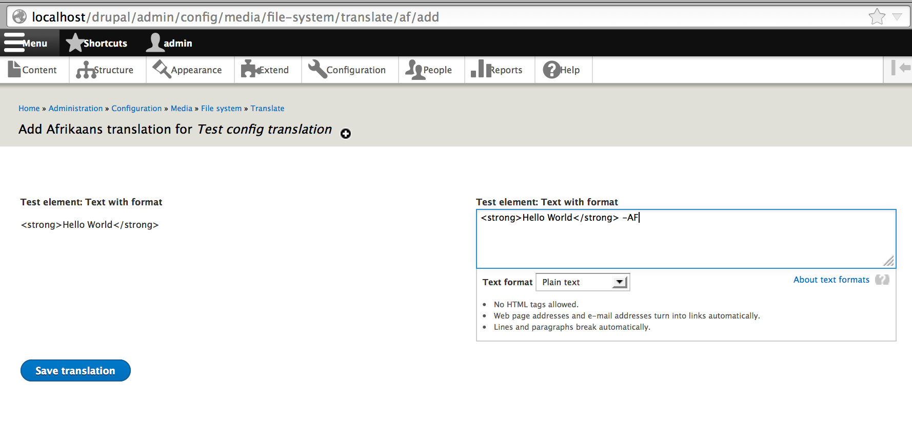 config translation does not support text elements with a format translation format