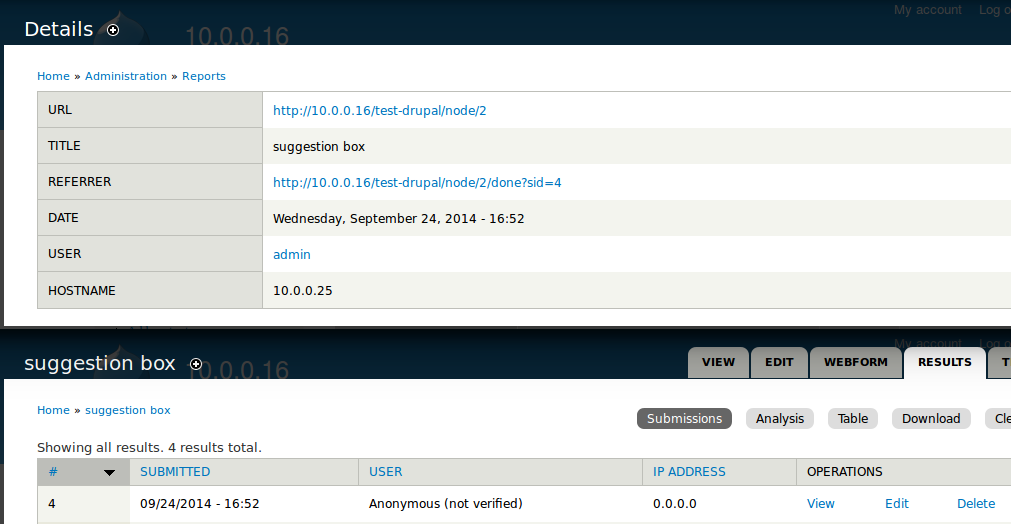 screen shot of webform submission and identifiable information that is logged even when using webform_anonymous