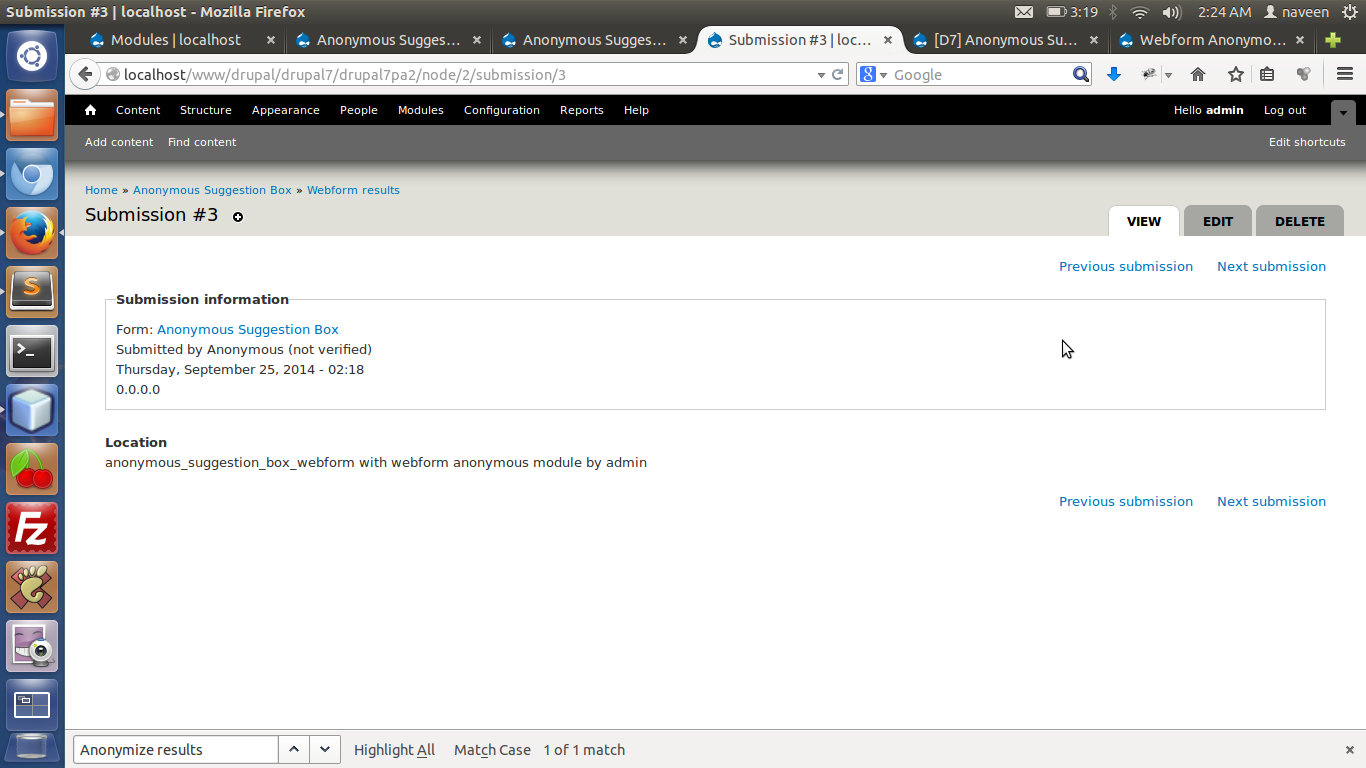 Webform Anonymous module single result page