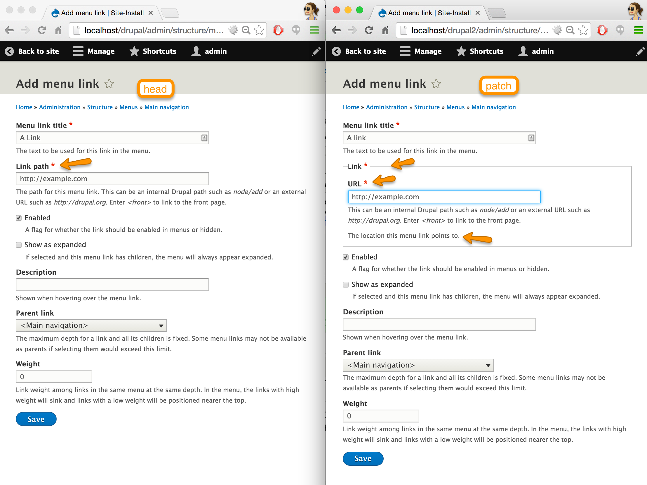 before and after of adding menu link form