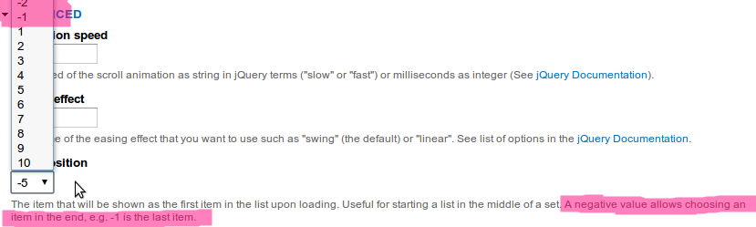 Jcarousel views style plugin settings, including negative values for the start position.