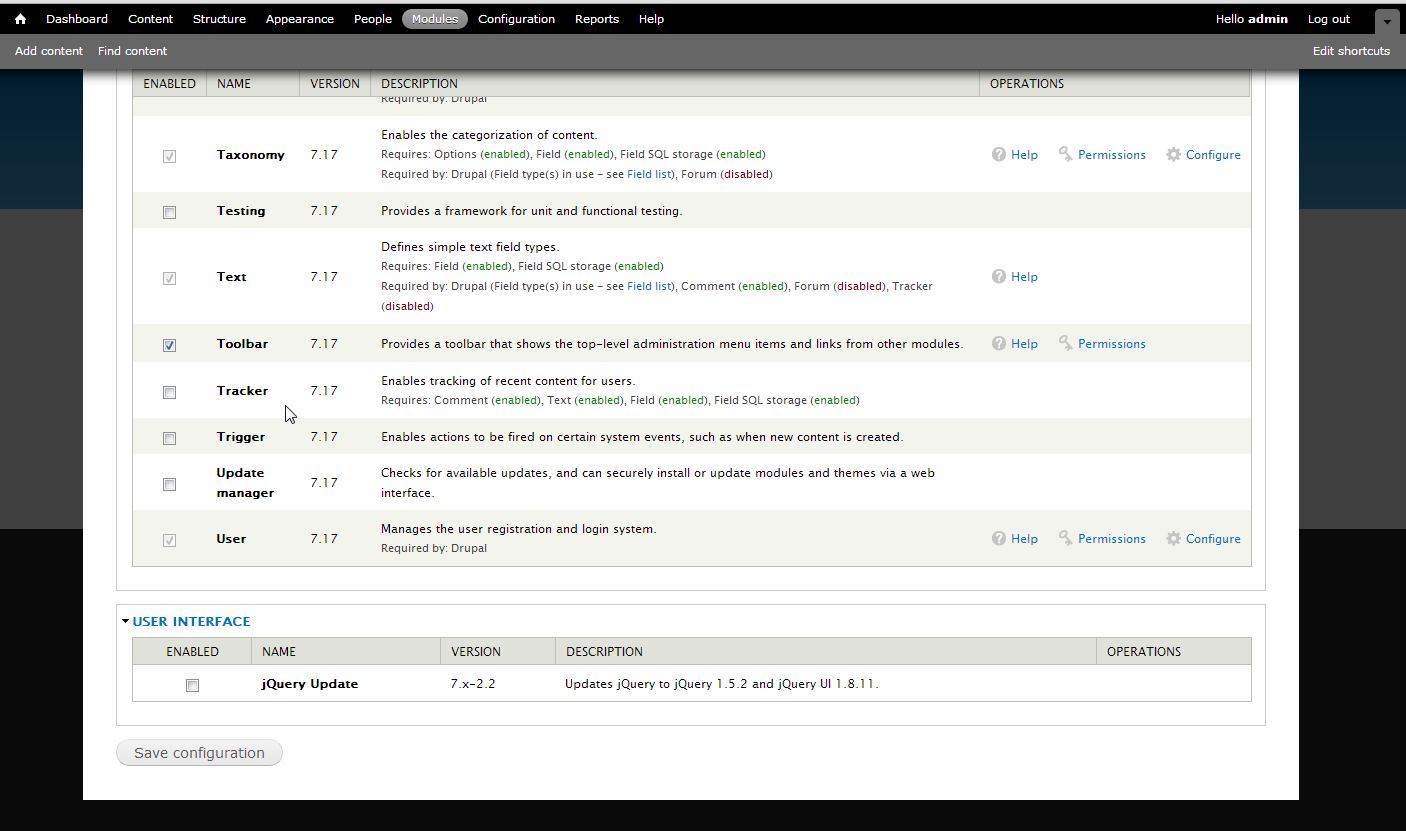 Screen shot of modules page in Drupal 7-17