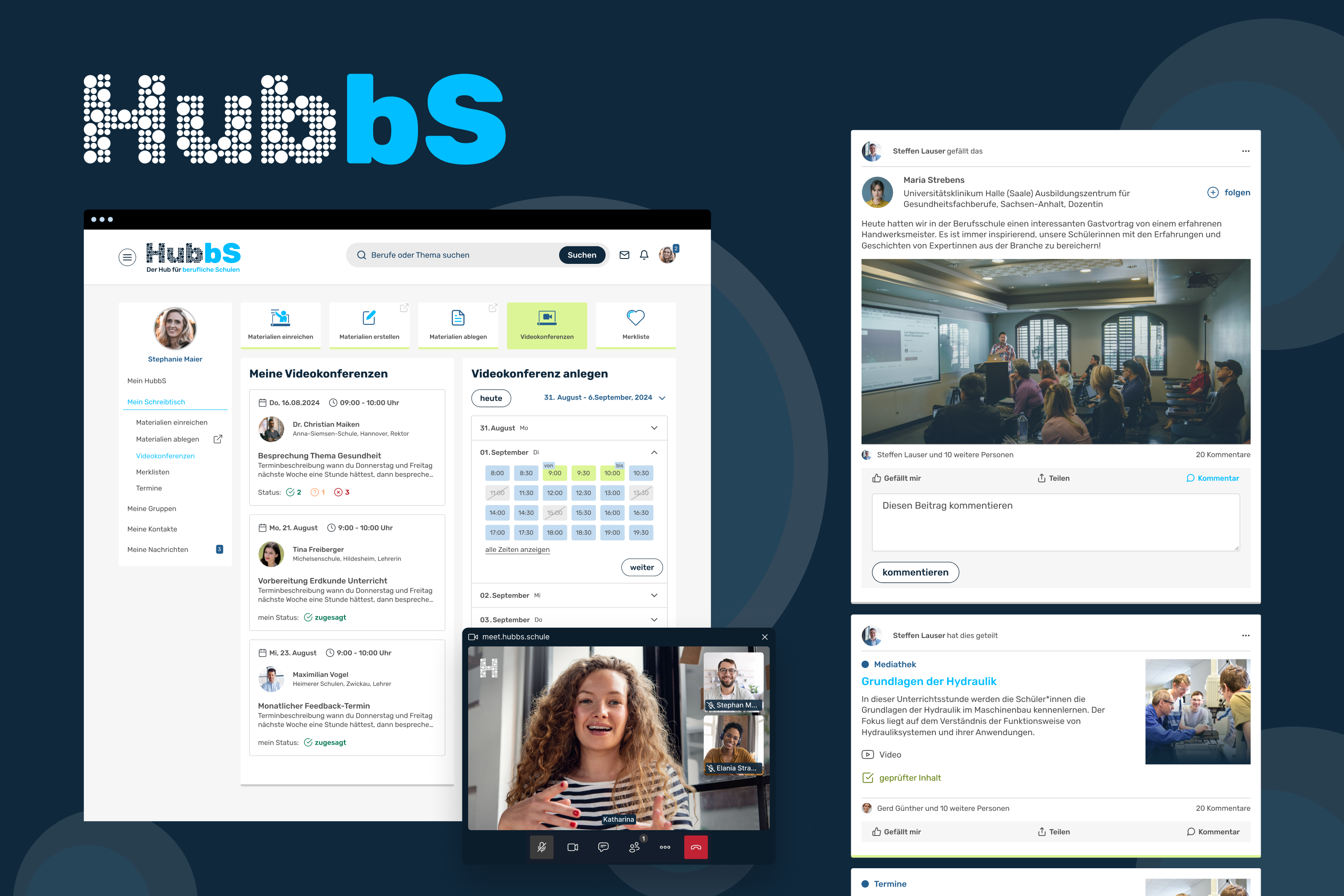Preview images of the hubbs area for videocalls and a area showing the hubbS user posting area.