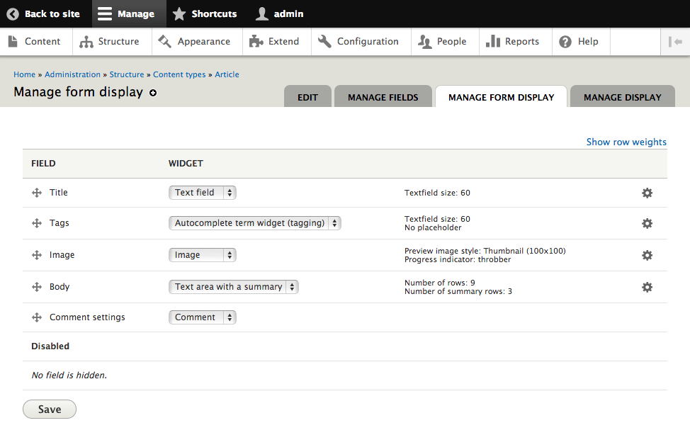 Manage Form Display tab