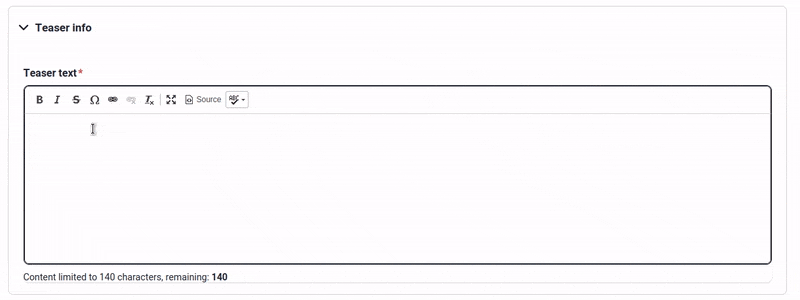 Text field with a character limit set. As text is typed, the character count reduces accordingly.