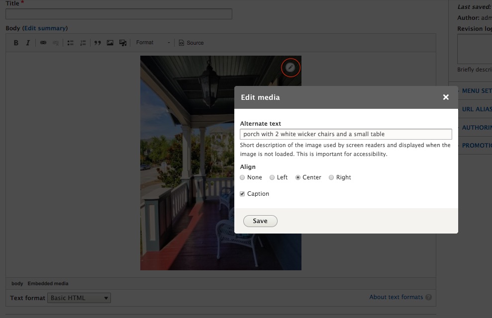 Media item editor modal window with alt text, alignment, and caption settings.